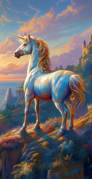 Unicorn on cliff with castle