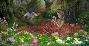 Girl and unicorn in a forest