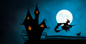 Haunted house witch on broom cat