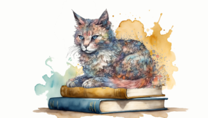 Watercolour cat on books